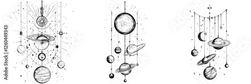 Celestial design featuring planets and stars in a minimalist style