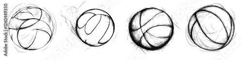 Dynamic sketches illustrating the motion of a volleyball in various stages of play during a sports activity