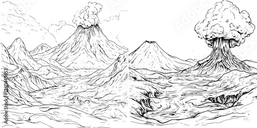 Volcanic landscape with multiple active volcanoes and flowing lava rivers in a dramatic setting