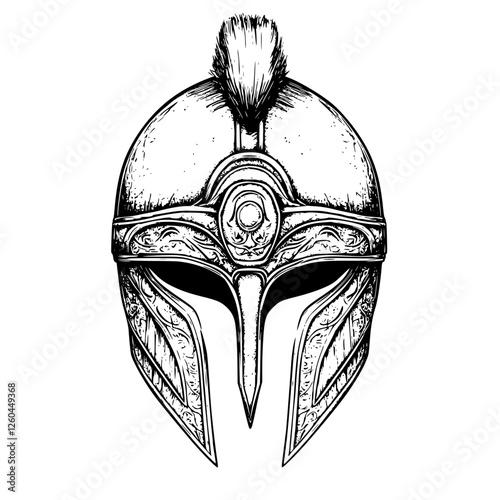Detailed illustration of a classical Greek warrior helmet design with ornate decorations and a central crest