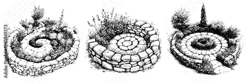 Garden spiral designs showcasing natural landscaping techniques in a tranquil outdoor setting