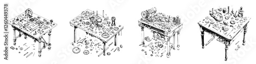 Cluttered worktables showcase intricate mechanical tools and various components in a creative workspace