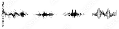 Visual representation of sound waves in black and white showcasing various waveform patterns and dynamics