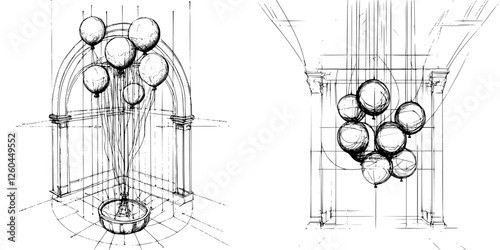 Sketch of balloon installation in a spacious architectural setting with arched structures and floating elements