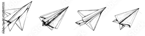 Multiple stages of paper airplane design showing various folding techniques and shapes demonstrated in a simple, artistic style