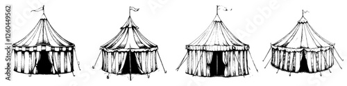 Unique collection of circus tents illustrated in detailed black and white design showcasing various styles and shapes