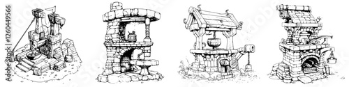 Detailed illustrations of medieval structures depicting a castle, a well, a forge, and a workshop in a rustic setting