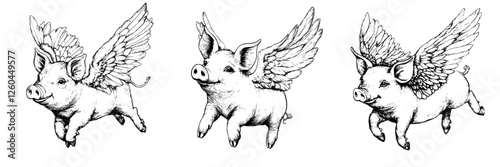 Flying pigs with wings illustrated in a whimsical and playful style bring humor and fantasy to any design