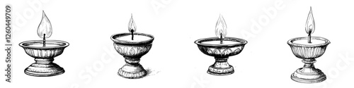 Various traditional oil lamps with flames flickering in a serene setting showcasing craftsmanship and cultural significance