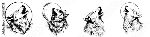 Wolf howling against the moon in a series of artistic sketches featuring intricate details and expressive features