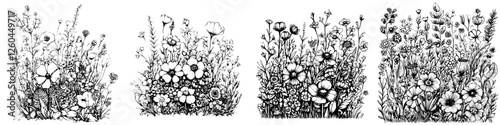 Detailed illustration of various wildflowers in a natural setting showcasing diverse flora