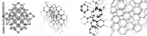 Detailed line drawings of geometric shapes showcasing symmetry and pattern variations in a scientific context