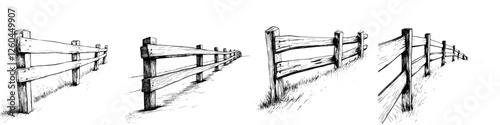 Long wooden fence stretches across grassy landscape in a black and white illustration capturing depth and perspective