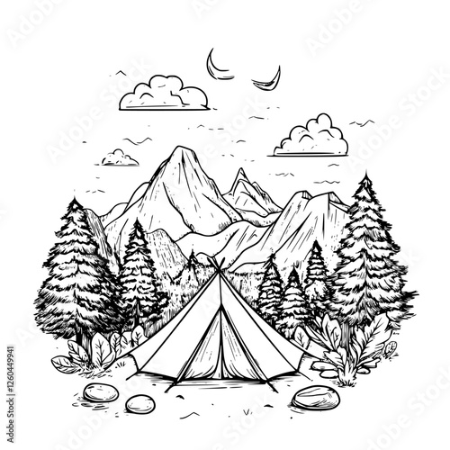 Scenic mountain camping site with a tent surrounded by trees and rocky landscape
