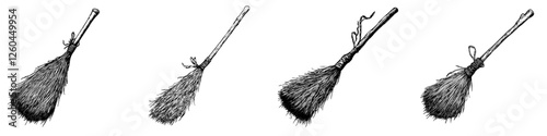 Vintage broom illustrations featuring various styles and designs, perfect for Halloween or home decor