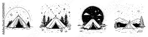 Camping tents under starry skies with various nighttime settings in nature