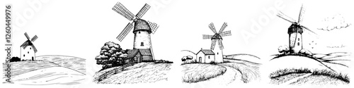 Windmills in various stages at sunset providing a picturesque rural landscape experience