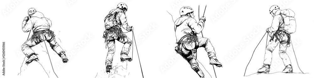 Fototapeta premium Climber navigating vertical challenges during a mountain ascent in a remote area at dawn