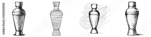 Unique collection of cocktail shakers illustrated in different styles showcasing craftsmanship and design during the evening hours