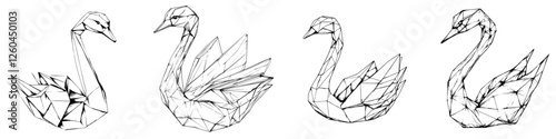 Sculptural representation of swans with geometric design elements showcased in black and white art piece