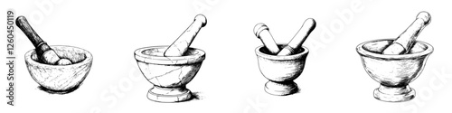 Different styles of mortar and pestle set on a plain background demonstrating traditional culinary tools