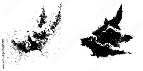 Unique abstract formations resembling ink splashes on a white background showcasing artistic textures and patterns