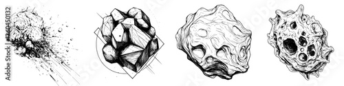 Unique abstract drawings of celestial bodies and mineral formations showcasing intricate details and diverse textures