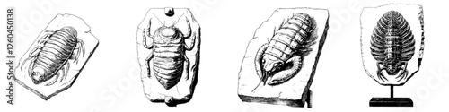 Fossils of ancient trilobites displayed in a museum exhibit highlighting prehistoric marine life