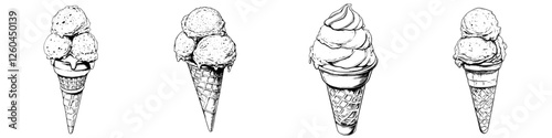 Scoops of ice cream in various styles displayed on waffle cones during a summer day celebration
