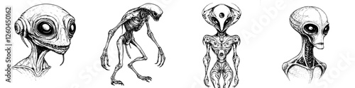 Unique sketches of extraterrestrial beings showcasing various alien forms in a creative art style