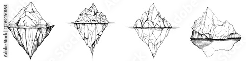 Artistic representations of icebergs showcasing their majestic forms above and below water, emphasizing their complexity and beauty