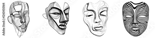 Exploration of abstract masks showcasing diverse artistic styles and textures through intricate line work and shapes