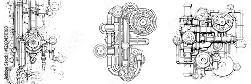 Complex industrial machinery designs displayed in intricate, detailed sketches showcasing various gears and piping systems