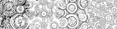 Intricate design of interlocking gears and cogs in a monochrome pattern showcasing mechanical artistry and precision engineering