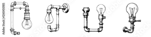 Unique industrial lamp designs combining pipe elements and vintage bulbs in a creative arrangement
