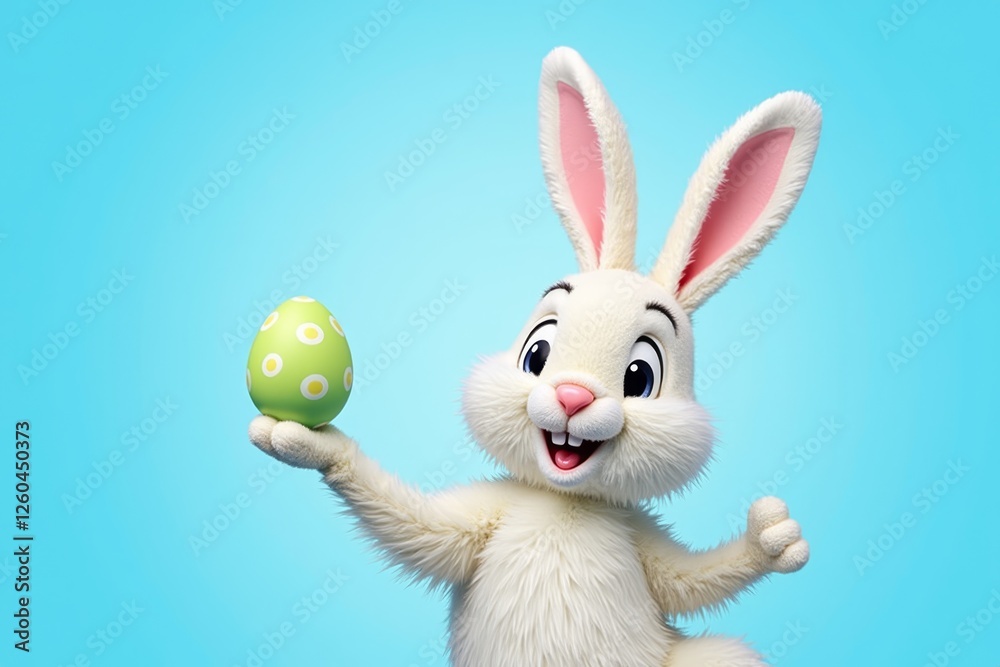 Obraz premium White Bunny Holding Easter Egg on Light Blue Background