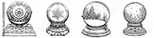 Various intricately designed snow globes showcasing seasonal themes and detailed craftsmanship