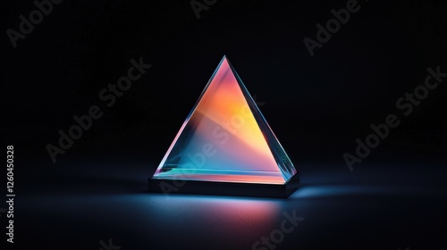 3d rendering of a triangular prism on a black background. the prism is made up of three triangular shapes, each with a different color - blue, orange, and pink.