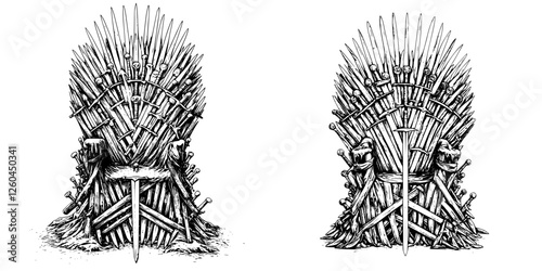 Illustration of an iconic fantasy throne made from swords, surrounded by symbolism of power and conflict