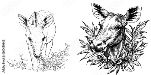 Wildlife illustration featuring an animal foraging among foliage in a natural setting