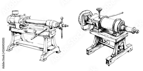 Vintage wood turning lathes showcasing craftsmanship in a workshop setting with intricate details and mechanical design features