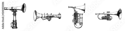Different types of brass instruments displayed in a row showcasing history and design evolution