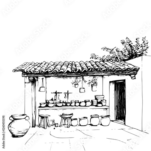 Charming rustic kitchen with clay pots and wooden stools under a thatched roof