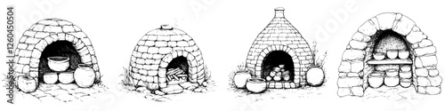Hand-drawn vector illustration of traditional cooking ovens in a rustic setting, showcasing different styles and textures