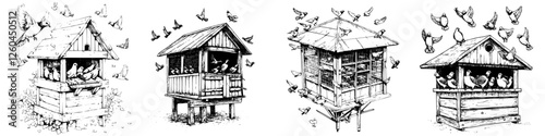 Vector illustration of hand-drawn birdhouses filled with birds in a vibrant outdoor setting