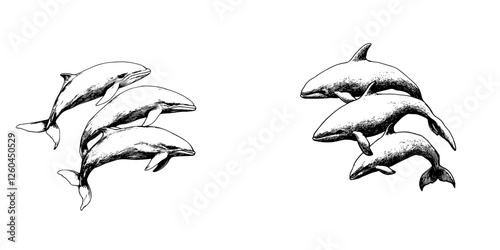 Vector illustration of hand-drawn dolphins swimming together in a playful formation
