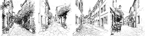 Charming hand-drawn vector illustration of a quaint cobblestone street lined with lush greenery and inviting buildings