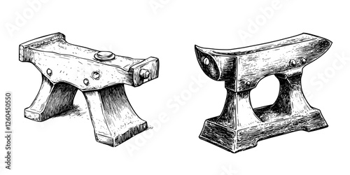 Hand-drawn vector illustration of traditional anvils used in blacksmithing activities in a workshop setting