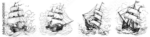 Hand-drawn vector illustration of four vintage sailing ships navigating the high seas
