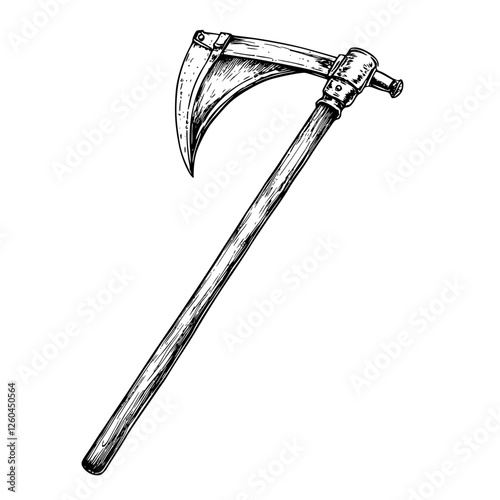 Hand-drawn vector illustration of a traditional scythe resting on a wooden surface